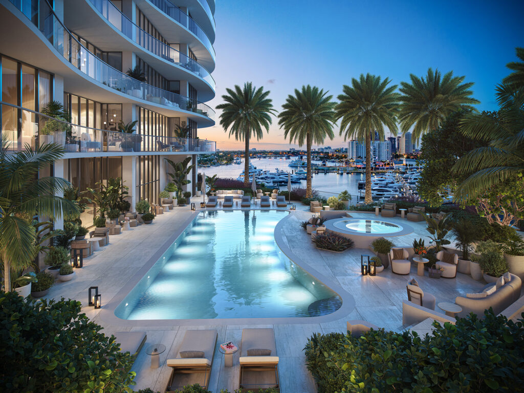 Resort-style pool with palm-lined deck and private cabanas